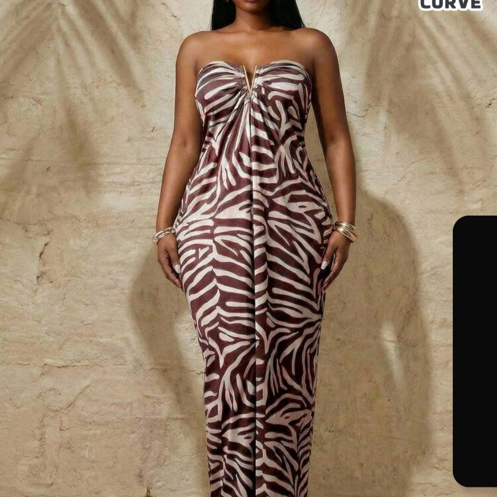 SHEIN Strapless Zebra-Print Maxi Dress in Brown & Cream - Picture 1 of 6